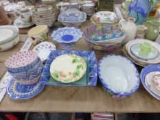 A QUANTITY OF DECORATIVE CHINA WARES, JUGS ETC, COPPER PANS AND TEA LIGHTS.