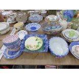 A QUANTITY OF DECORATIVE CHINA WARES, JUGS ETC, COPPER PANS AND TEA LIGHTS.