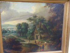 19th CENTURY SCHOOL, A RURAL HAMLET. OIL ON CANVAS 57 x 69cms