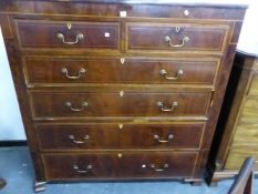 A VICTORIAN SATIN WOOD CROSS BANDED AND LINE INLAID MAHOGANY CHEST OF TWO SHORT AND FOUR GRADED LONG