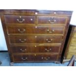 A VICTORIAN SATIN WOOD CROSS BANDED AND LINE INLAID MAHOGANY CHEST OF TWO SHORT AND FOUR GRADED LONG