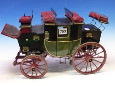 A WELL BUILT MODEL OF AN EARLY 19th CENTURY ENGLISH STAGE COACH. APPROX LENGTH 41cms.