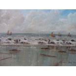 RAYMOND PRICE (20th CENTURY) A BEACH SCENE, SIGNED OIL ON CANVAS. 31 x 41cms