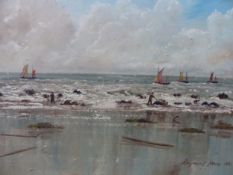 RAYMOND PRICE (20th CENTURY) A BEACH SCENE, SIGNED OIL ON CANVAS. 31 x 41cms