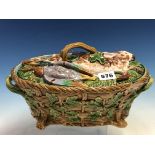 A MINTON MAJOLICA GAME PIE DISH, DATE SYMBOL FOR 1872, THE COVER MOULDED WITH A RABBIT AND MALLARDS,