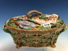 A MINTON MAJOLICA GAME PIE DISH, DATE SYMBOL FOR 1872, THE COVER MOULDED WITH A RABBIT AND MALLARDS,