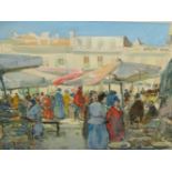 KNIGHTON HAMMOND (1875-1970) A CONTINENTAL TOWN MARKET SCENE, SIGNED WATERCOLOUR 45 x 60cms