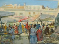 KNIGHTON HAMMOND (1875-1970) A CONTINENTAL TOWN MARKET SCENE, SIGNED WATERCOLOUR 45 x 60cms