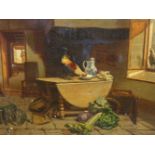 GUSTAVE GOEMANS (19th CENTURY) THE UNATTENDED KITCHEN, SIGNED OIL ON CANVAS 52 x 70ms
