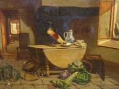 GUSTAVE GOEMANS (19th CENTURY) THE UNATTENDED KITCHEN, SIGNED OIL ON CANVAS 52 x 70ms