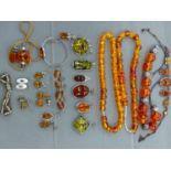 A QUANTITY OF FAUX AMBER JEWELLERY TOGETHER WITH A PAIR OF CITRINE AND PEARL EARRINGS.