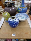 A LARGE HAND MADE ART POTTERY SQUAT VASE, A CHINESE CADOGAN TEAPOT, OTHER ORIENTAL WARES AND A