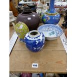 A LARGE HAND MADE ART POTTERY SQUAT VASE, A CHINESE CADOGAN TEAPOT, OTHER ORIENTAL WARES AND A