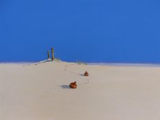 JOHN HORSEWELL ( B 1956 ) ARR. A BEACH SCENE, SIGNED, OIL ON CANVAS. 77 x 77cms