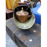 A VICTORIAN COAL SCUTTLE AND A COPPER KETTLE., OIL LAMP, PLATED COFFEE WARES AND A SMALL CAST IRON S