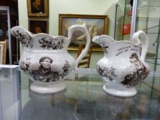 A GOODWIN, BRIDGWOOD AND HARRIS JUG PRINTED IN COMMEMORATION OF THE DEATH OF GEORGE IV TOGETHER WITH