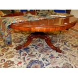 A VICTORIAN MAHOGANY BREAKFAST TABLE, THE CIRCULAR TOP ON A BALUSTER COLUMN, THE THREE LEGS SWEEPING