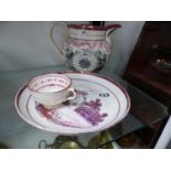 A SUNDERLAND LUSTRE THE MARINERS COMIASS JUG A LUSTRE PLATE AND TEA CUP