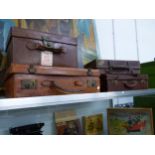 FOUR VINTAGE LEATHER SUIT CASES, MEAT SAFE, CHALK BOARD,WARMING PANS AND WICKER BASKETS.