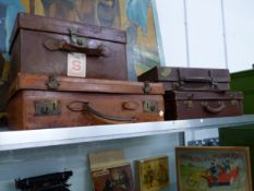 FOUR VINTAGE LEATHER SUIT CASES, MEAT SAFE, CHALK BOARD,WARMING PANS AND WICKER BASKETS.