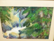 AIRACA B. DALEN (20th C.) ARR MOUNTAIN TORRENT., SIGNED WATERCOLOUR 36 x 51cms TOGETHER WITH THREE