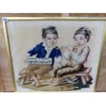 A 19th C. BERLIN WOOL WORK PICTURE OF TWO BOYS SEATED ON A BENCH WHILE ONE PLAYS THE FLUTE AND THE