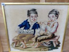 A 19th C. BERLIN WOOL WORK PICTURE OF TWO BOYS SEATED ON A BENCH WHILE ONE PLAYS THE FLUTE AND THE