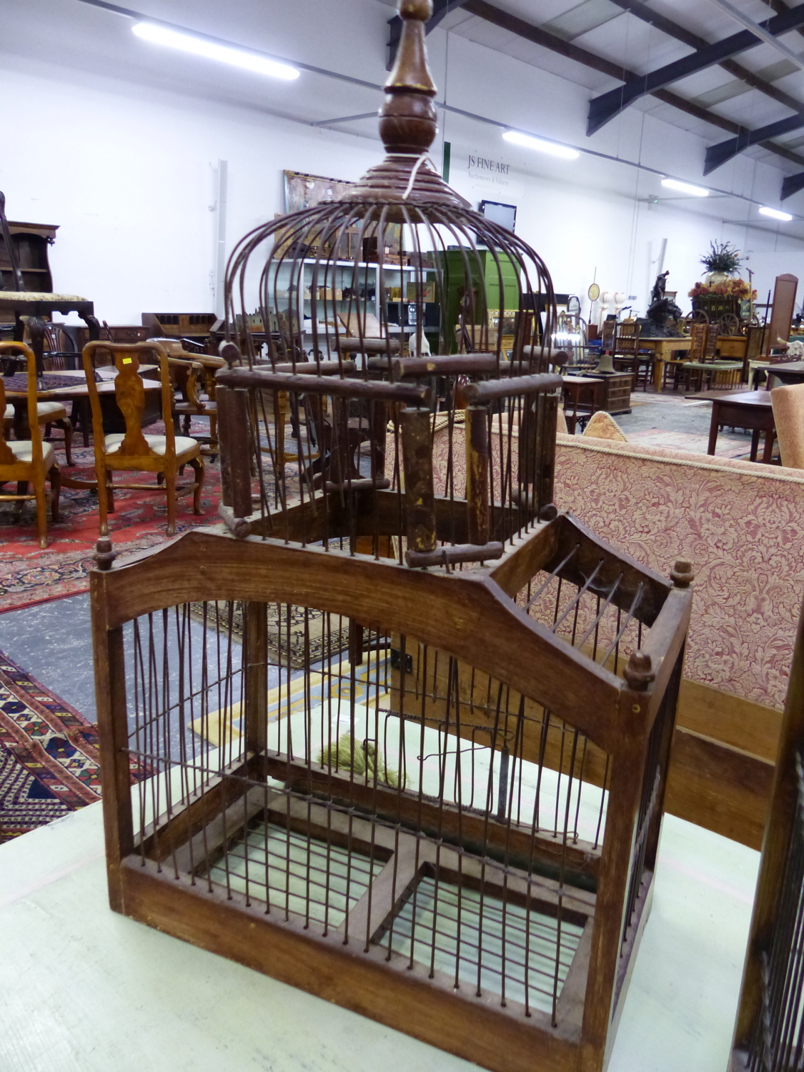 TWO VINTAGE ORNAMENTAL WOOD AND WIRE BIRD CAGES. LARGEST 36 x 83 x 22cms. - Image 5 of 7
