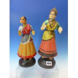 TWO EARLY 20th C. INDIAN PAPIER MACHE LADIES DANCING, EACH OF THEIR BODIES ARTICULATED IN FOUR PARTS