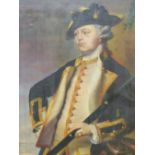 A DECORATIVE PAINTING OF AN 18th CENTURY NAVAL CAPTAIN, OIL ON PANEL 34 x 17cms.