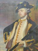 A DECORATIVE PAINTING OF AN 18th CENTURY NAVAL CAPTAIN, OIL ON PANEL 34 x 17cms.