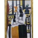 THREE DECORATIVE MODERNIST OIL PAINTINGS OF DIFFERENT SUBJECTS IN THE MANNER OF F. LEGER, SIZES VA