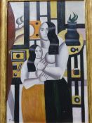 THREE DECORATIVE MODERNIST OIL PAINTINGS OF DIFFERENT SUBJECTS IN THE MANNER OF F. LEGER, SIZES VA