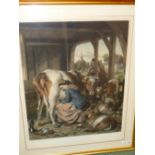 AFTER SIR EDWIN LANDSEER. A LARGE HAND COLOURED FOLIO PRINT. TITLED "THE MAID AND THE MAGPIE". 80