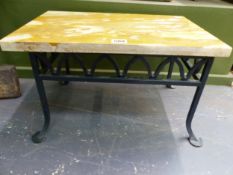 A SMALL MARBLE TOP TABLE WITH WROUGHT IRON BASE.