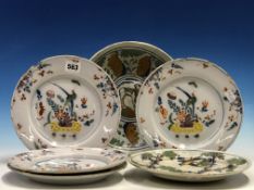 A SET OF FOUR MID 18th C. ENGLISH POLYCHROME DELFT PLATES, POSSIBLY LIVERPOOL, PAINTED WITH A BIRD