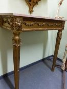 A 19th C. PINK AND OCHRE MOTTLED MARBLE TOPPED GILT WOOD PIER TABLE, THE APRON SWAGGED WITH