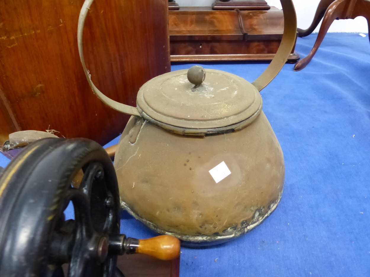 A WILLCOX AND GIBBS SEWING MACHINE WITH MAHOGANY TRANSIT CASE, A LARGE BRASS KETTLE, AND A COPPER - Image 3 of 4