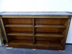 A 19th C. GREY MARBLE TOPPED MAHOGANY OPEN BOOK CASE, THE TWO BANKS OF ADJUSTABLE SHELVES BETWEEN