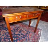 A GEORGE III MAHOGANY TEA TABLE, THE RECTANGULAR TOP OPENING ON A SINGLE GATE, THE TWO APRON DRAWERS