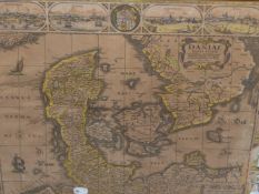 AFTER C. VISSCHER. AN ANTIQUE HAND COLOURED MAP OF DENMARK. 41 x 54cms