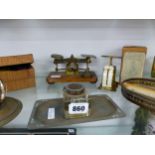 A GROUP OF ANTIQUE AND VINTAGE POSTAL BALANCES, A BAROMETER, ETC.