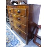 AN EARLY 19th C. OAK CHEST OF TWO SHORT AND THREE GRADED LONG DRAWERS, THE WAVY APRON RUNNING INTO