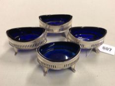 FOUR GEORGIAN SILVER HALLMARKED BLUE GLASS LINED SALTS DATED 1797 LONDON POSSIBLY FOR WILLIAM ABDY