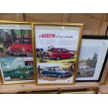 FOUR FRAMED COLOUR PRINTS OF VINTAGE CARS, SIZES VARY.