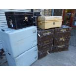 SIX WAR DEPARTMENT AMMO BOXES, DEED BOX, TIN TRUNK AND PLASTIC STORAGE BOXES