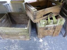 THREE VINTAGE WOODEN CRATES.