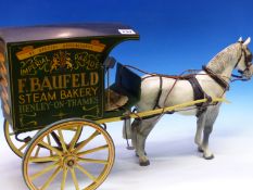 A HAND BUILT MODEL OF A BAKERS HORSE DRAWN WAGON, AND A COMPOSITION HORSE. SIGN WRITTEN F.