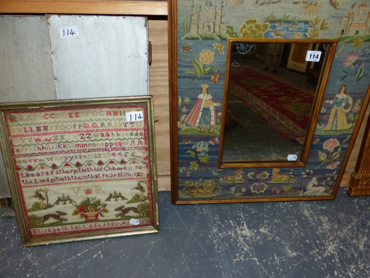 AN UNUSUAL NEEDLEWORK FRAME MIRROR DECORATED WITH COURTLY FIGURES AND ANIMALS. 60 x 49cms TOGETHER - Image 3 of 4