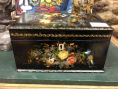 A 19th C. PAPIER MACHE INLAID WITH MOTHER OF PEARL STATIONARY BOX, THE SLOPING LID AND SIDES PAINTED